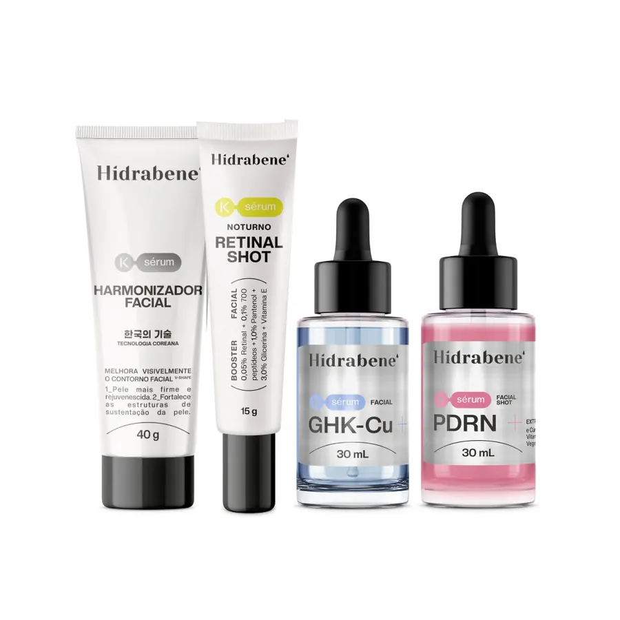 Os quatro produtos do kit em fila: Harmonizador Facial, Retinal Shot, Sérum GHK-Cu e Sérum PDRN