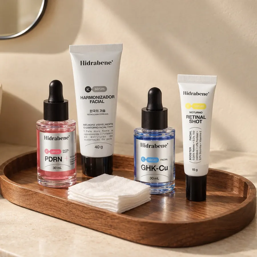 Os quatro produtos do Kit Coreano Hidrabene numa bandeja de madeira com algodões