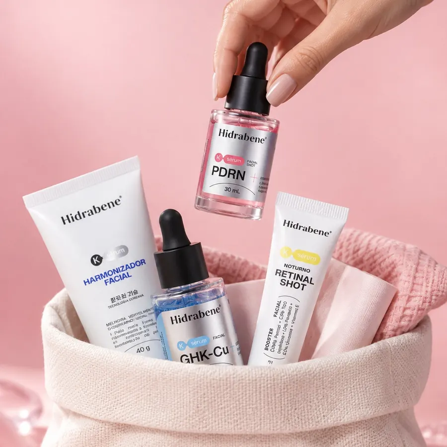 Os quatro produtos numa bolsa de tricô clara, com uma mão segurando o PDRN